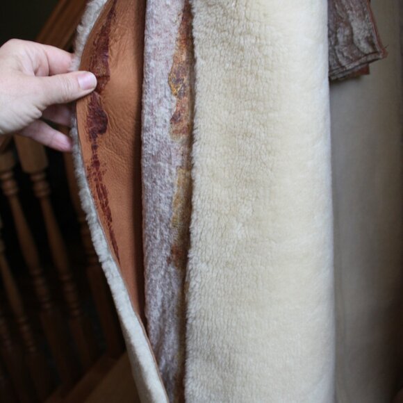 Vintage 80's Tan  Sawyer Napa Ca Women's Shearling Sheepskin Fur Long Coat 16 - Picture 11 of 13